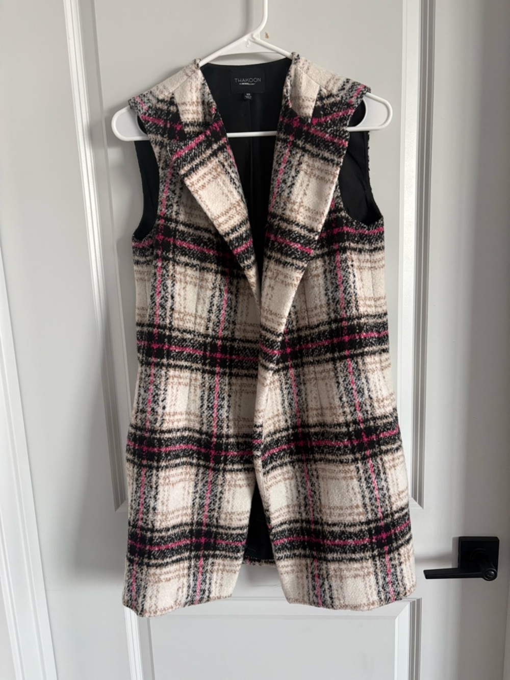 Thakoon Cream, Black & Pink Plaid Sleeveless Long Vest